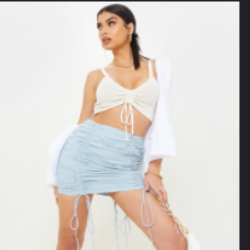 Blue Linen Look Ruched Detailing Mini Skirt
